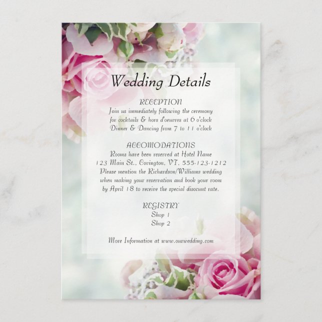 Pink Roses Elegant Chic Floral Wedding Details Enclosure Card (Front)