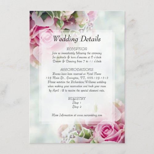 Pink Roses Elegant Chic Floral Wedding Details Enclosure Card