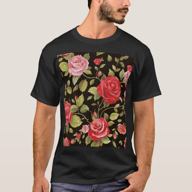 Pink roses: elegant floral pattern. T-Shirt (Front)
