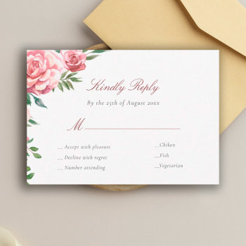 Pink Roses Elegant Meal Choices Wedding Rsvp Card by invitations_kits at Zazzle