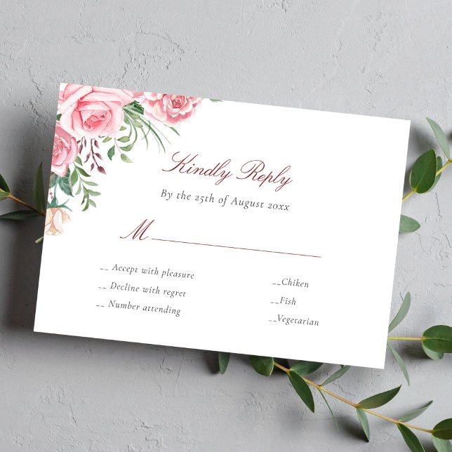 Pink roses elegant meal choices wedding RSVP card (Creator Uploaded)