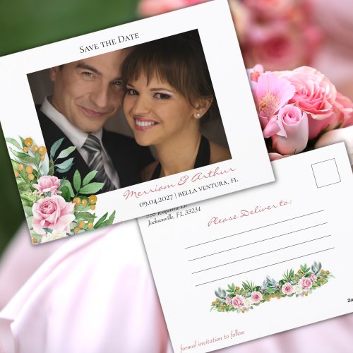 Pink Roses Elegant Save the Date Wedding Postcard