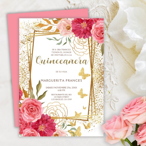 Pink Roses Elegant Spanish Quinceaera Mis Quince  Invitation
