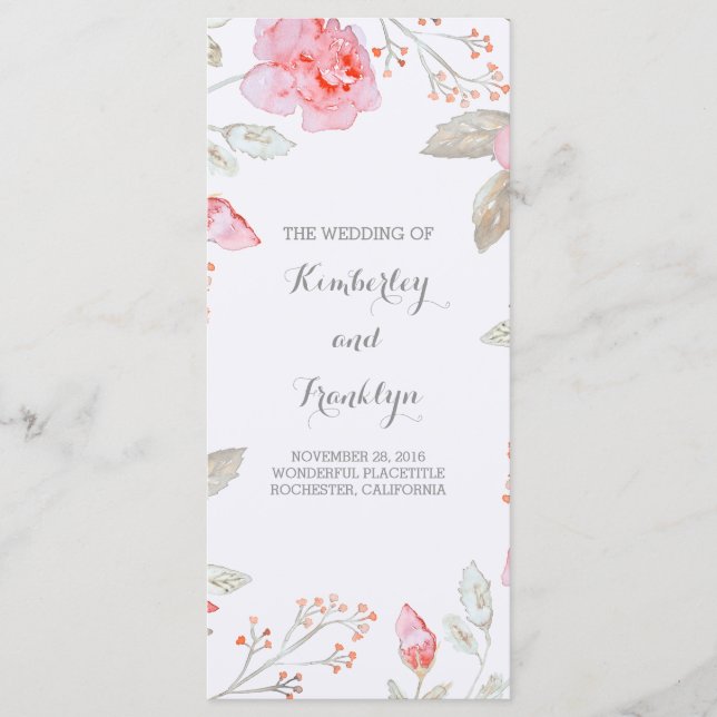 Pink Roses Elegant Watercolor Wedding Programs (Front)