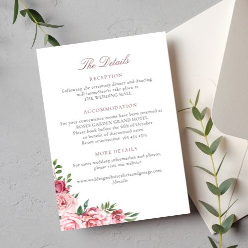 Pink roses elegant wedding accommodation details enclosure card