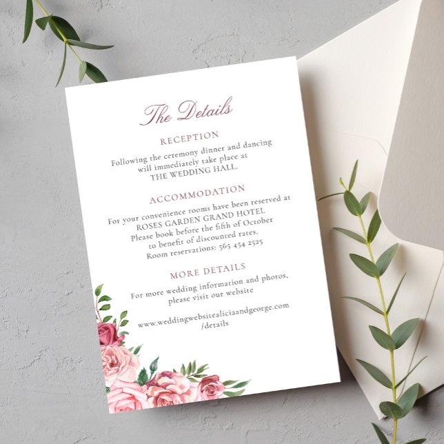 Pink roses elegant wedding accommodation details enclosure card (Creator Uploaded)