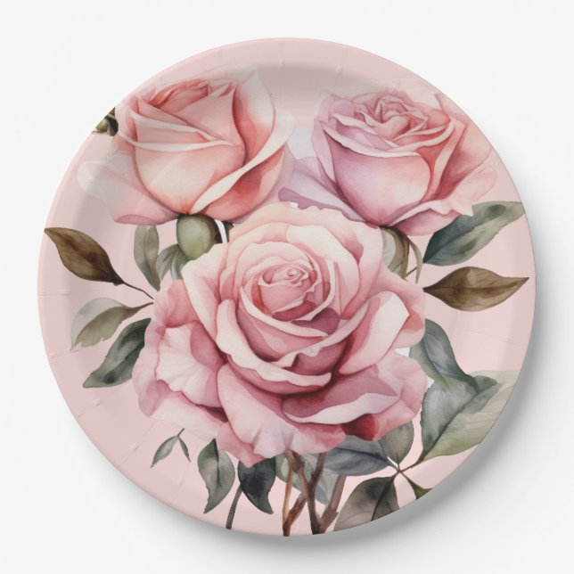 Pink Roses Elegant Wedding Paper Plates (Front)