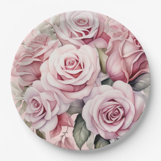 Pink Roses Elegant Wedding Paper Plates (Front)