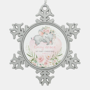 Pink Roses Elephant Baby 1st First Christmas Snowflake Pewter Christmas Ornament