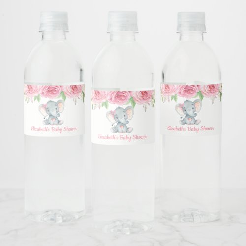 Pink Roses Elephant Baby Shower 1st Birthday Party Water Bottle Label
