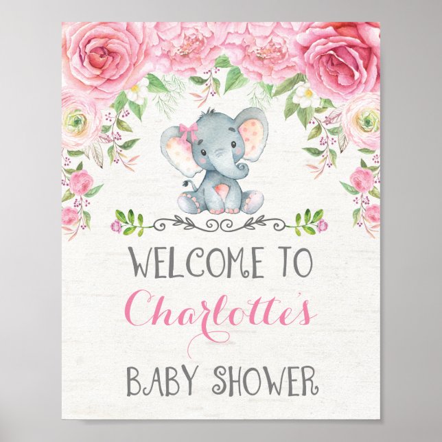 Pink Roses Elephant Baby Shower Welcome Sign (Front)