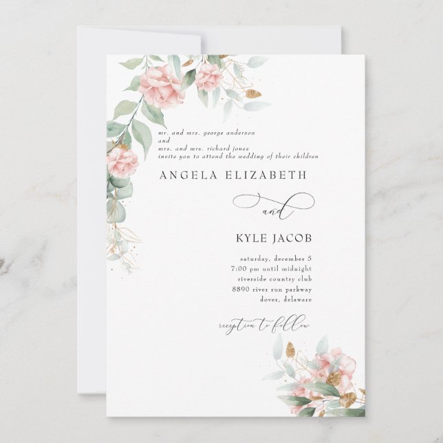  Pink Roses Eucalyptus Both Parents Wedding  Invitation (Front)