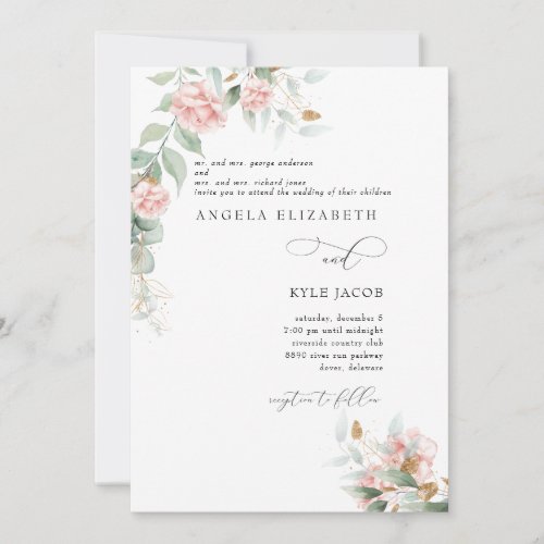  Pink Roses Eucalyptus Both Parents Wedding  Invitation