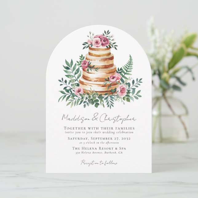 Pink Roses Eucalyptus Cake Wedding Invitation (Standing Front)