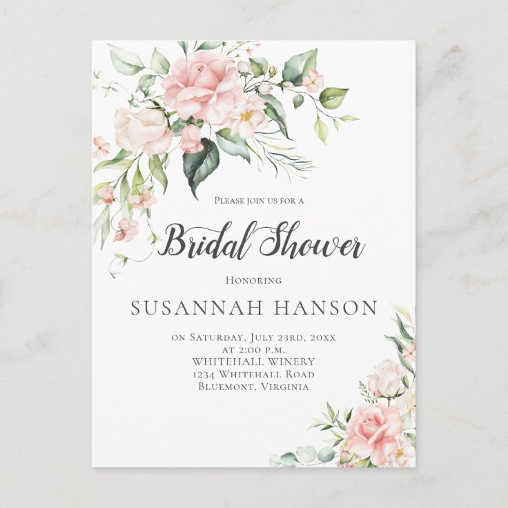 Pink Roses Eucalyptus Greenery Bridal Shower Postcard | Zazzle