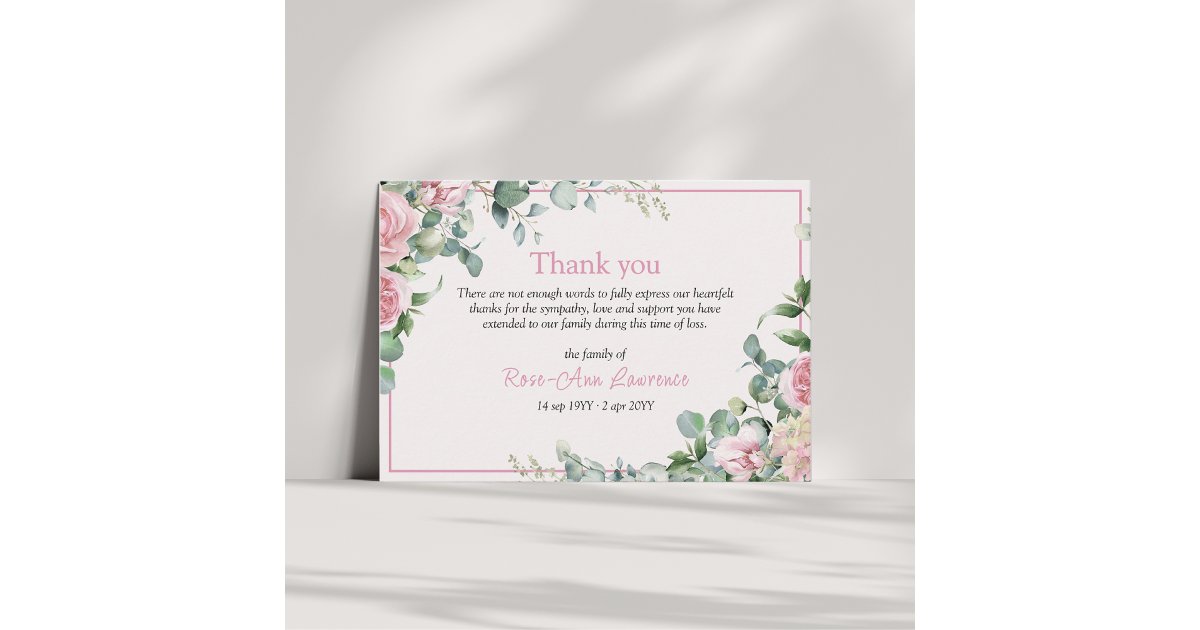 Pink roses eucalyptus leaves floral frame funeral thank you card | Zazzle