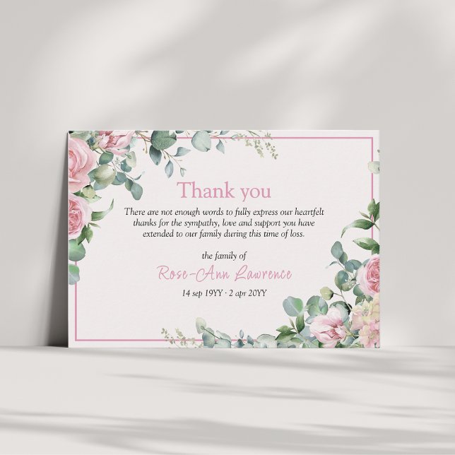 Pink roses eucalyptus leaves floral frame funeral thank you card (pink roses border floral thank you funeral card)