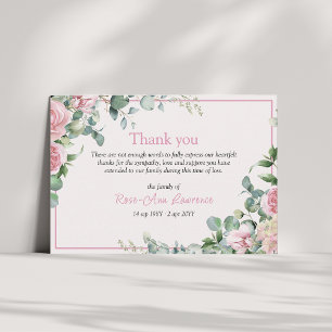Pink roses eucalyptus leaves floral frame funeral thank you card