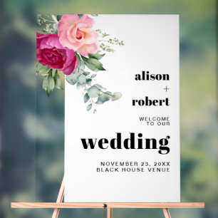 Pink roses eucalyptus wedding WELCOME Acrylic Sign
