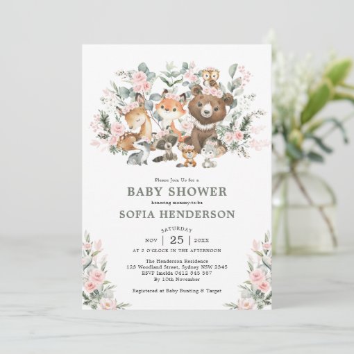 Pink Roses Eucalyptus Woodland Animals Baby Shower Invitation | Zazzle