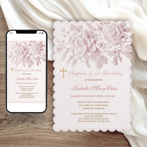 Pink Roses Faux Embossed Baptism 1st Birthday Girl Invitation