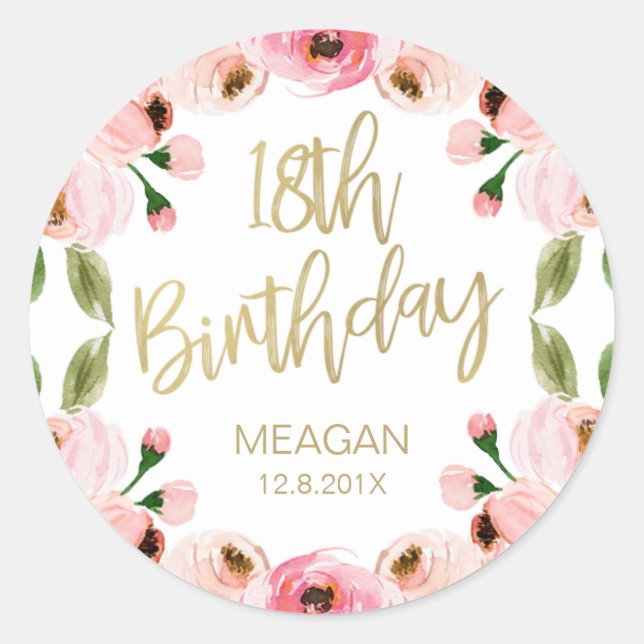 Pink roses Faux Gold Calligraphy 18th birthday Classic Round Sticker (Front)