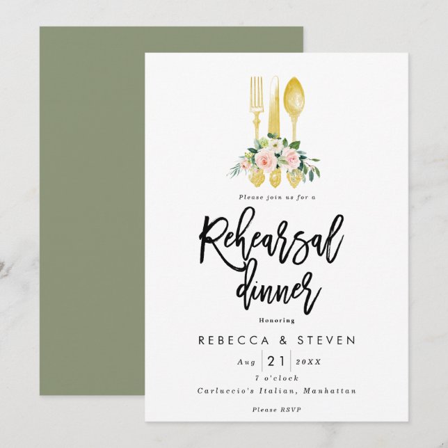 pink roses faux gold rehearsal dinner invitation (Front/Back)