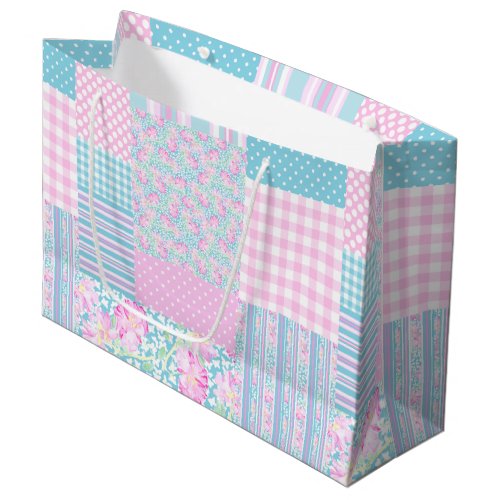 Pink Roses Faux Patchwork Large Gift Bag