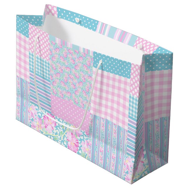 Pink Roses Faux Patchwork Large Gift Bag (Front Angled)
