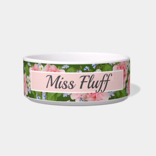 Pink Roses Feline Small Dog Name Template Bowl