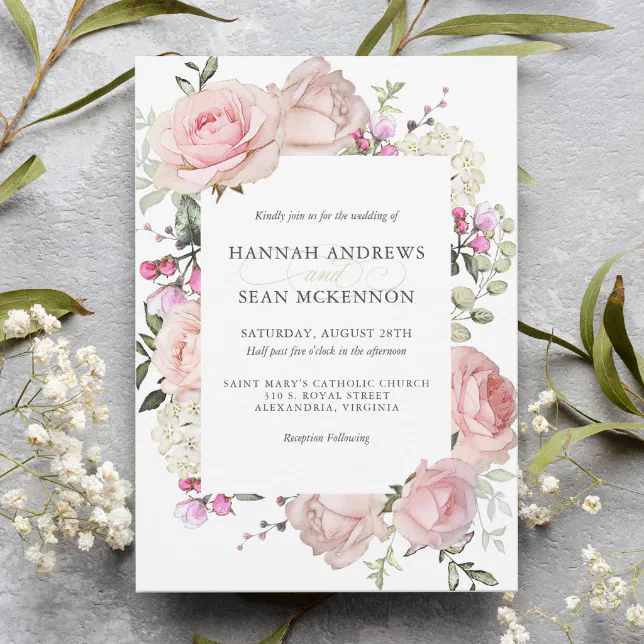 Pink Roses Feminine Floral Wedding Invitation | Zazzle