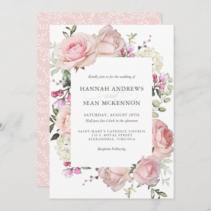 Pink Roses Feminine Floral Wedding Invitation | Zazzle