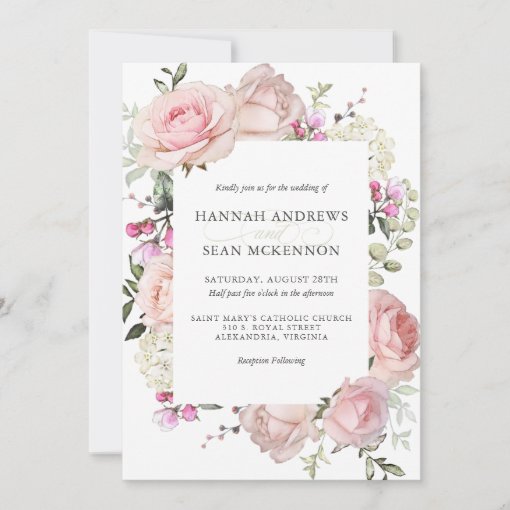 Pink Roses Feminine Floral Wedding Invitation | Zazzle