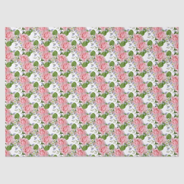 Pink Roses, Feminine Summer Flowers Tissue Paper (Front)