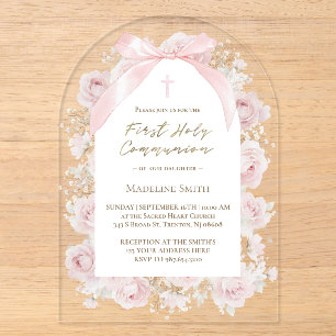 pink roses First Holy Communion Acrylic Invitations