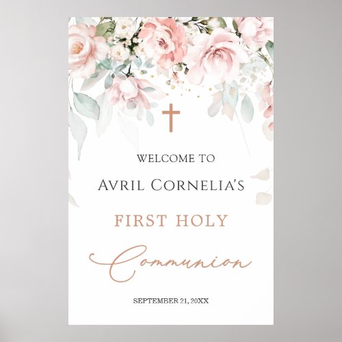 Pink Roses First Holy Communion Welcome Sign