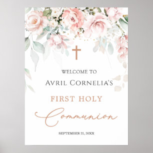 Pink Roses First Holy Communion Welcome Sign