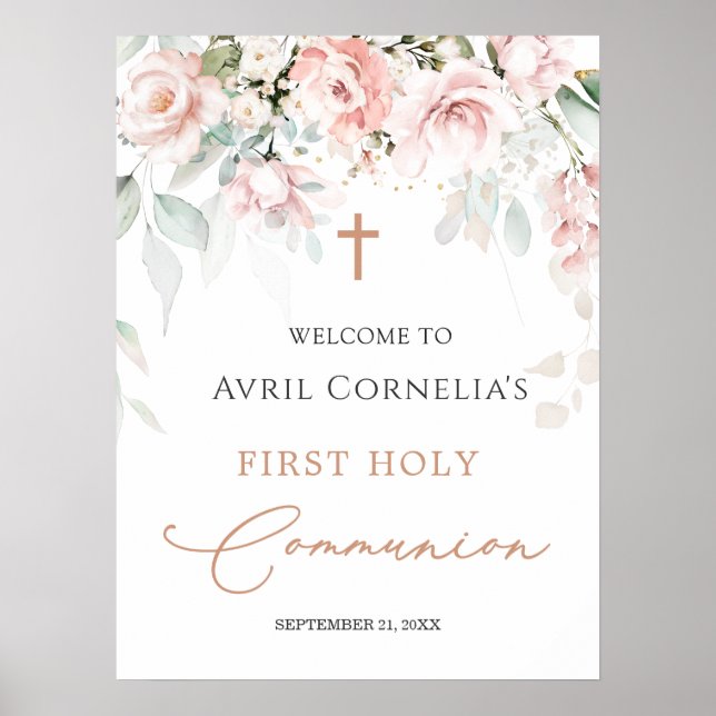 Pink Roses First Holy Communion Welcome Sign (Front)
