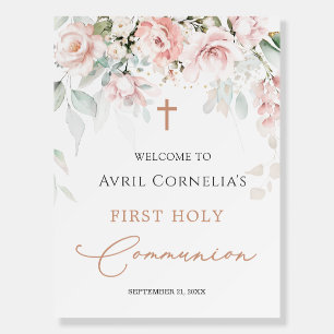 Pink Roses First Holy Communion Welcome Sign