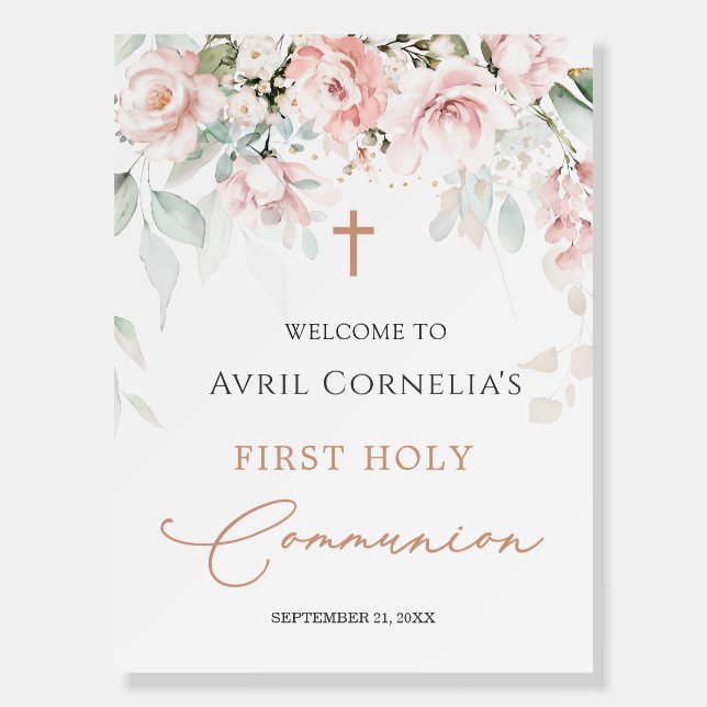 Pink Roses First Holy Communion Welcome Sign (Front)