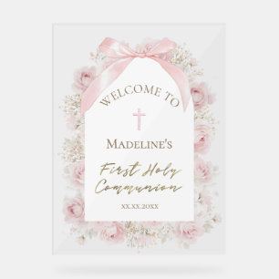 pink roses First Holy Communion welcome sign
