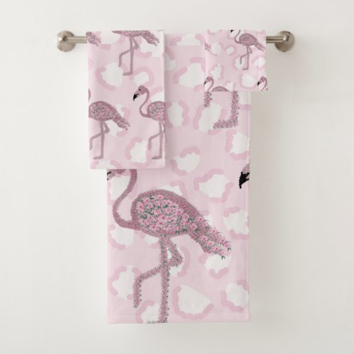 Pink Roses Flamingos Flamingo  Leopard  Bath Towel Set