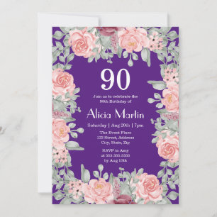 Pink Roses Flora Greenery Purple 90th Birthday Invitation