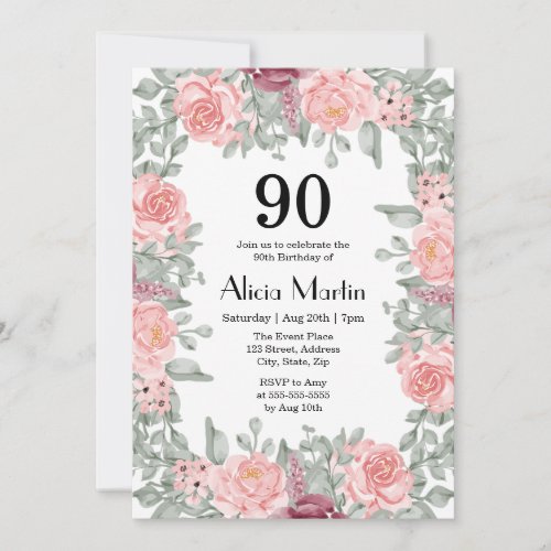 Pink Roses Flora Greenery White 90th Birthday Invitation