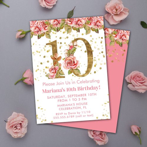 Pink Roses Floral 10th Birthday Party Invitation