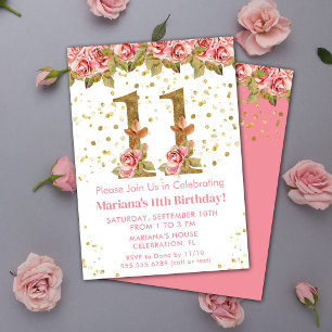Pink Roses Floral 11th Birthday Party Invitation