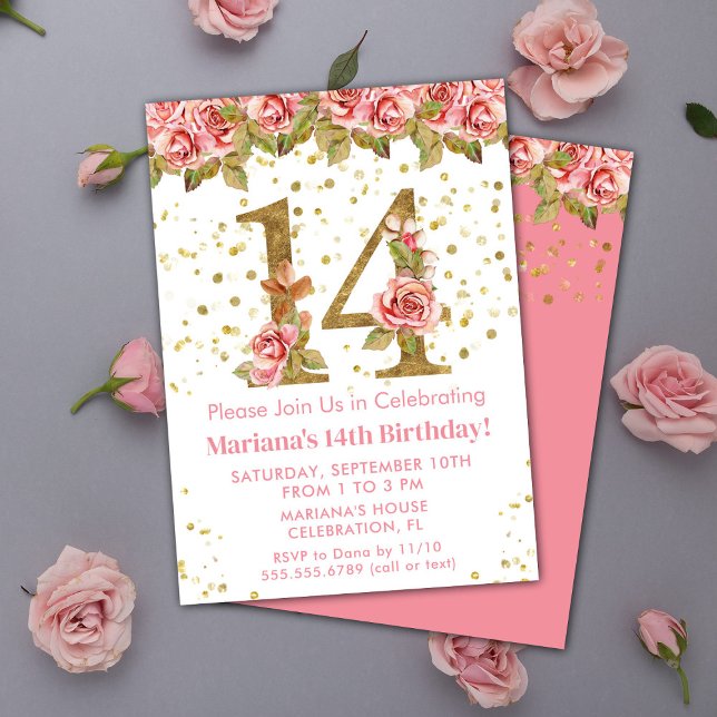 Pink Roses Floral 14th Birthday Party Invitation (Creator Uploaded)
