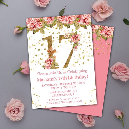 Pink Roses Floral 17th Birthday Party Invitation