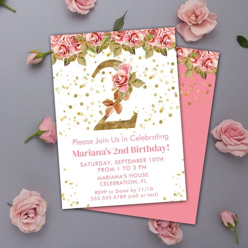 Pink Roses Floral 2nd Birthday Party Invitation