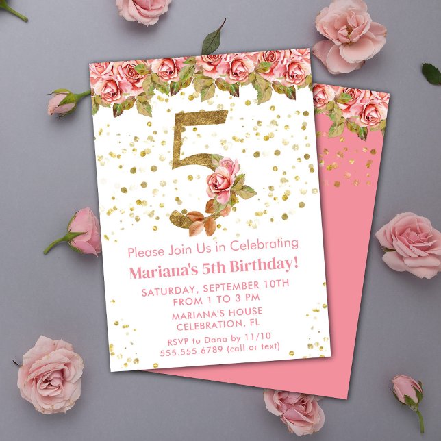 Pink Roses Floral 5th Birthday Party Invitation (Creator Uploaded)